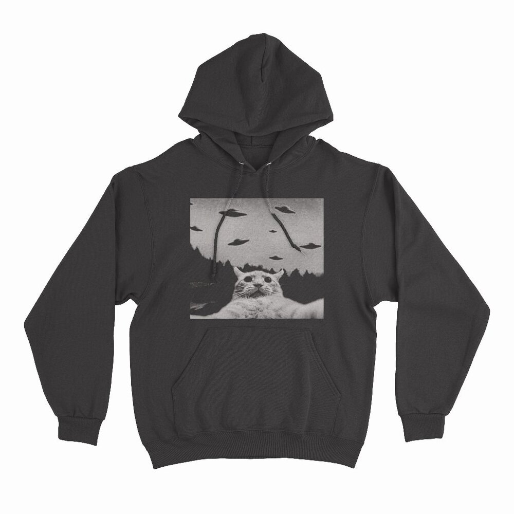 Alien UFO Funny Cat Black Hoodie